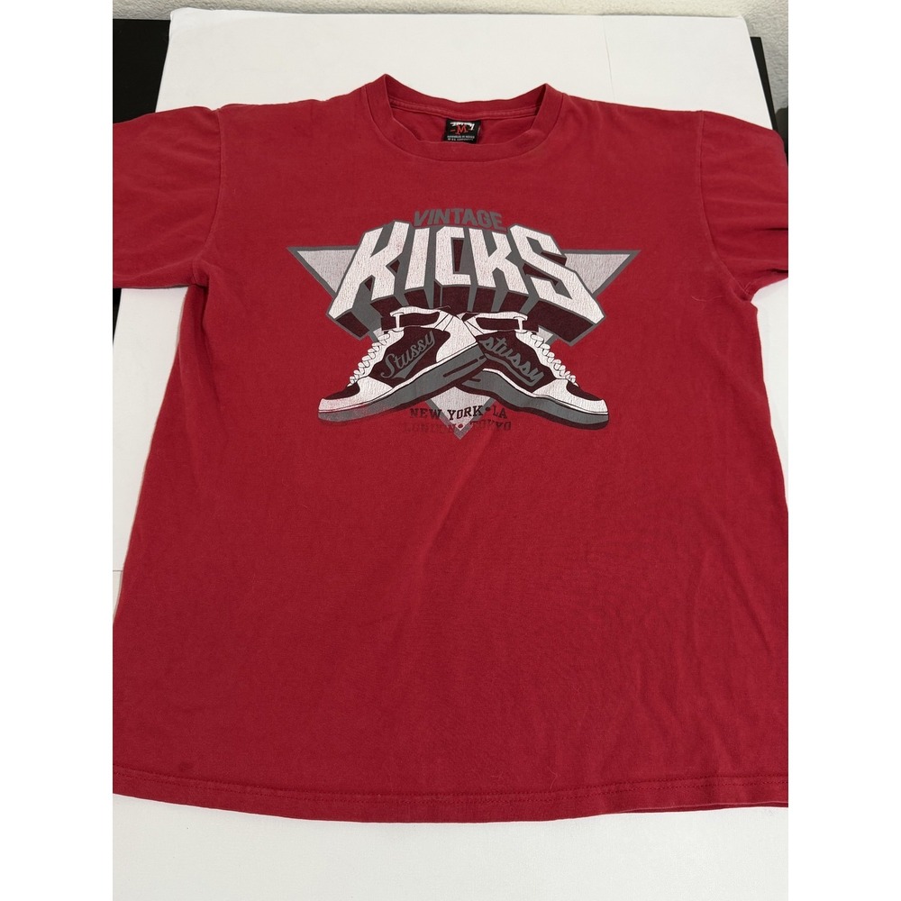 Vintage Stussy T Shirt Men Medium Red Graphic Kicks Sneaker Streetwear Skate